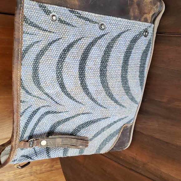 Myra Bag Distressed Leather Canvas Accents Shoulder Bag - Picture 3 of 9